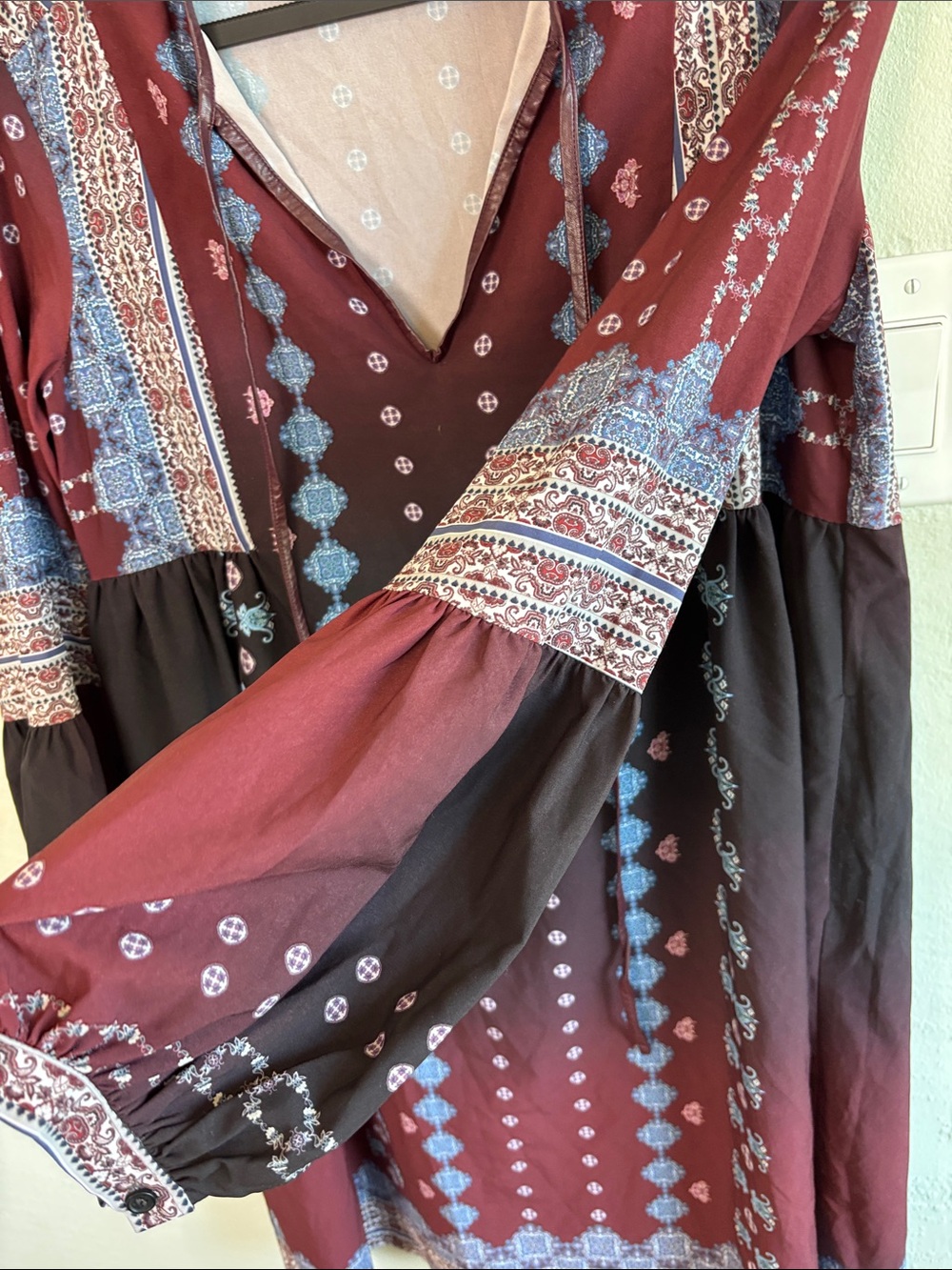 Bundle 2/$30! Clover Canyon Burgundy and Black Boho Midi Dress with Blue Accents - Picture 3 of 9